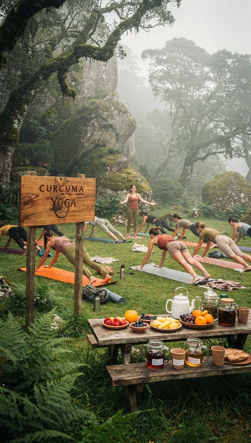 Mulher meditando em um tapete de yoga, com um cenário de tranquilidade ao redor.