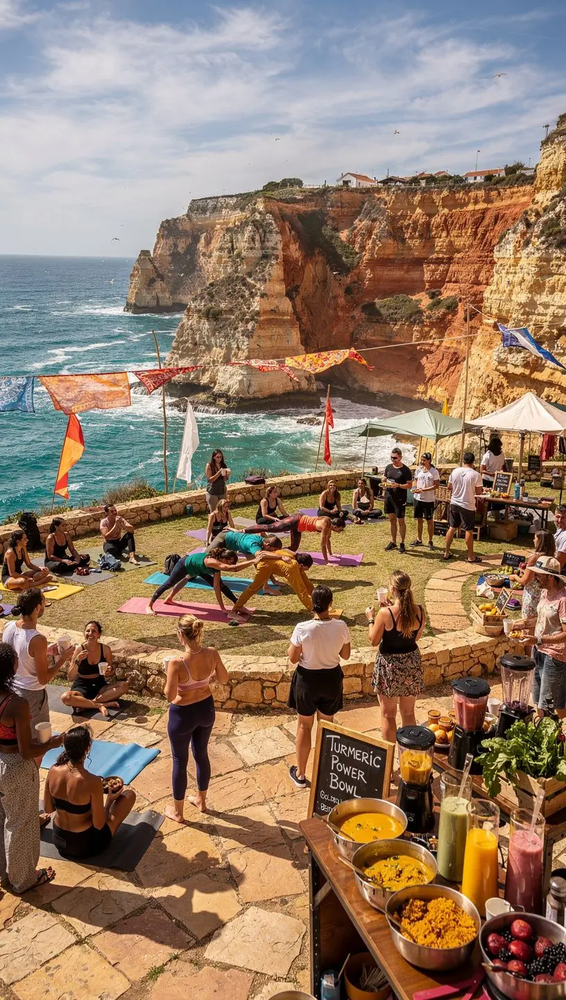 Programa de bem-estar em andamento, com participantes praticando exercícios e relaxamento.